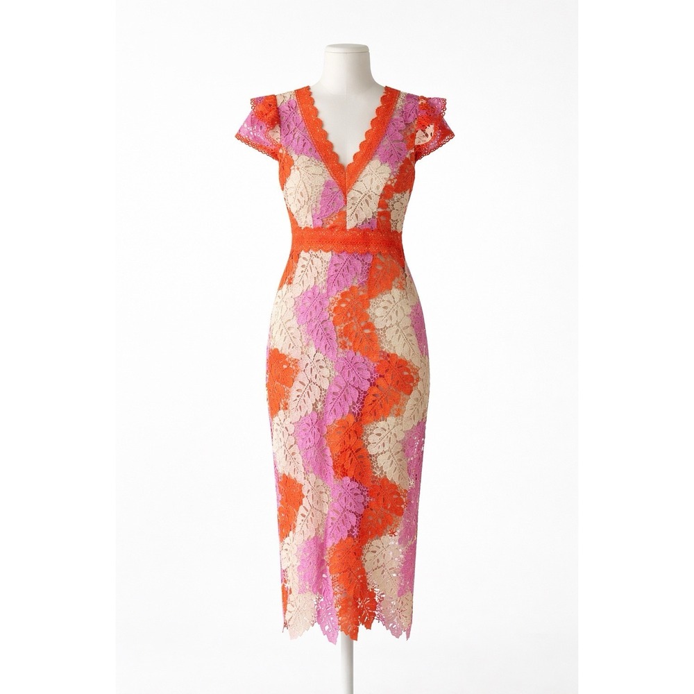 Adelyn Rae Crochet Lace Midi Dress XS Floral‎ Orange Pink Boho V-Neck